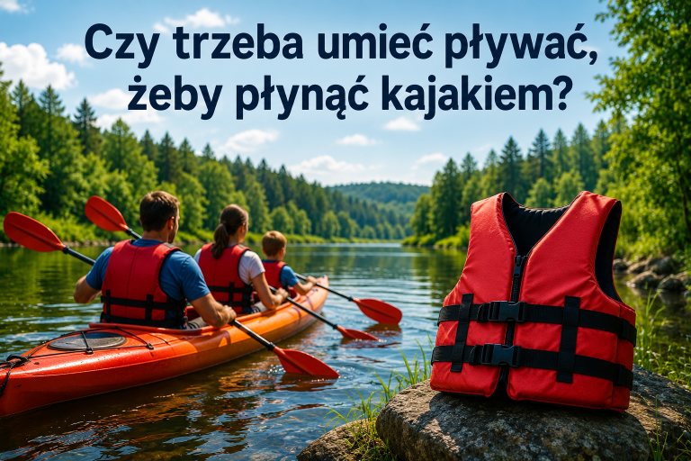 Czerwona kamizelka asekuracyjna i rodzina na kajaku – czy trzeba umieć pływać żeby płynąć kajakiem, spływ Piaśnicą Dębki