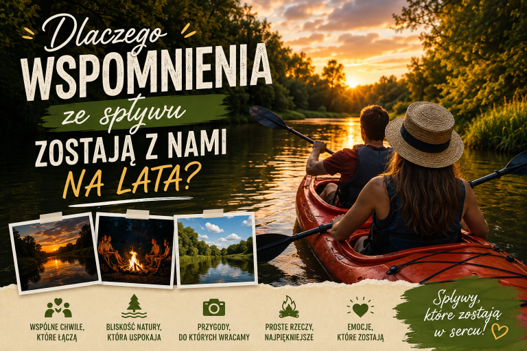 Infografika: dlaczego wspomnienia ze spływu kajakowego zostają na lata – para na kajaku Piaśnicą o zachodzie słońca, Dębki