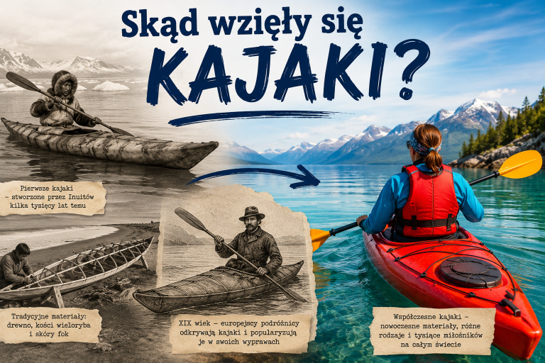 Infografika: historia kajaka – od łodzi Inuitów sprzed tysięcy lat, przez XIX-wiecznych podróżników europejskich, po nowoczesne kajaki sportowe