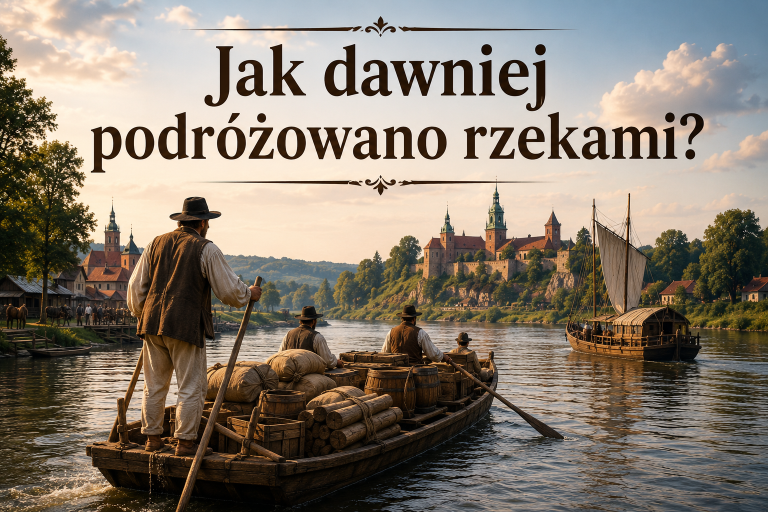 Infografika: jak dawniej podróżowano rzekami – historyczna łódź rzeczna z flisakami i ładunkiem na tle zamku, ilustracja do artykułu o historii podróży wodnych