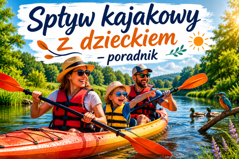 Spływ kajakowy z dzieckiem – rodzina z małym dzieckiem na kajaku, kamizelki asekuracyjne, rzeka Piaśnica, Dębki